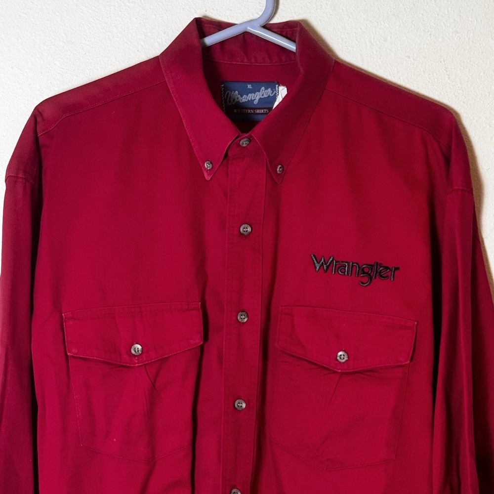 Vintage Wrangler Western Shirt Red Button Up Logo Pocket Mens XL Long Sleeve